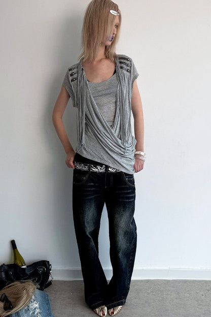 Scimitar-Cut Sequin Distressed Jeans