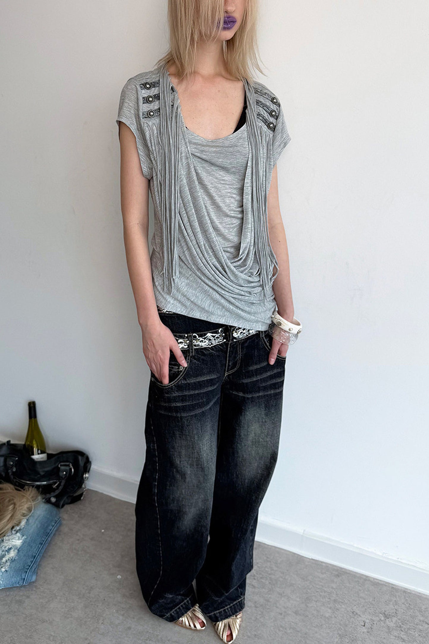 Scimitar-Cut Sequin Distressed Jeans