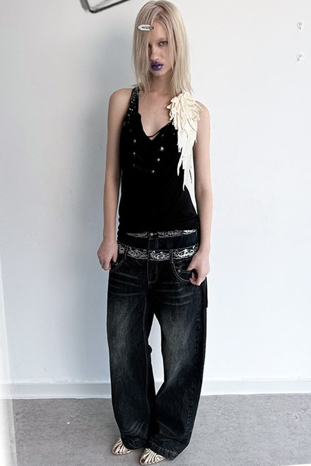 Scimitar-Cut Sequin Distressed Jeans