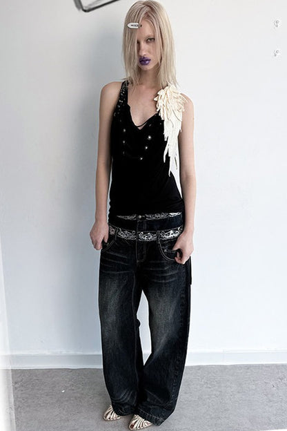 Scimitar-Cut Sequin Distressed Jeans
