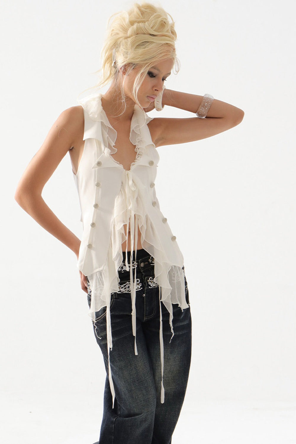 Scimitar-Cut Sequin Distressed Jeans
