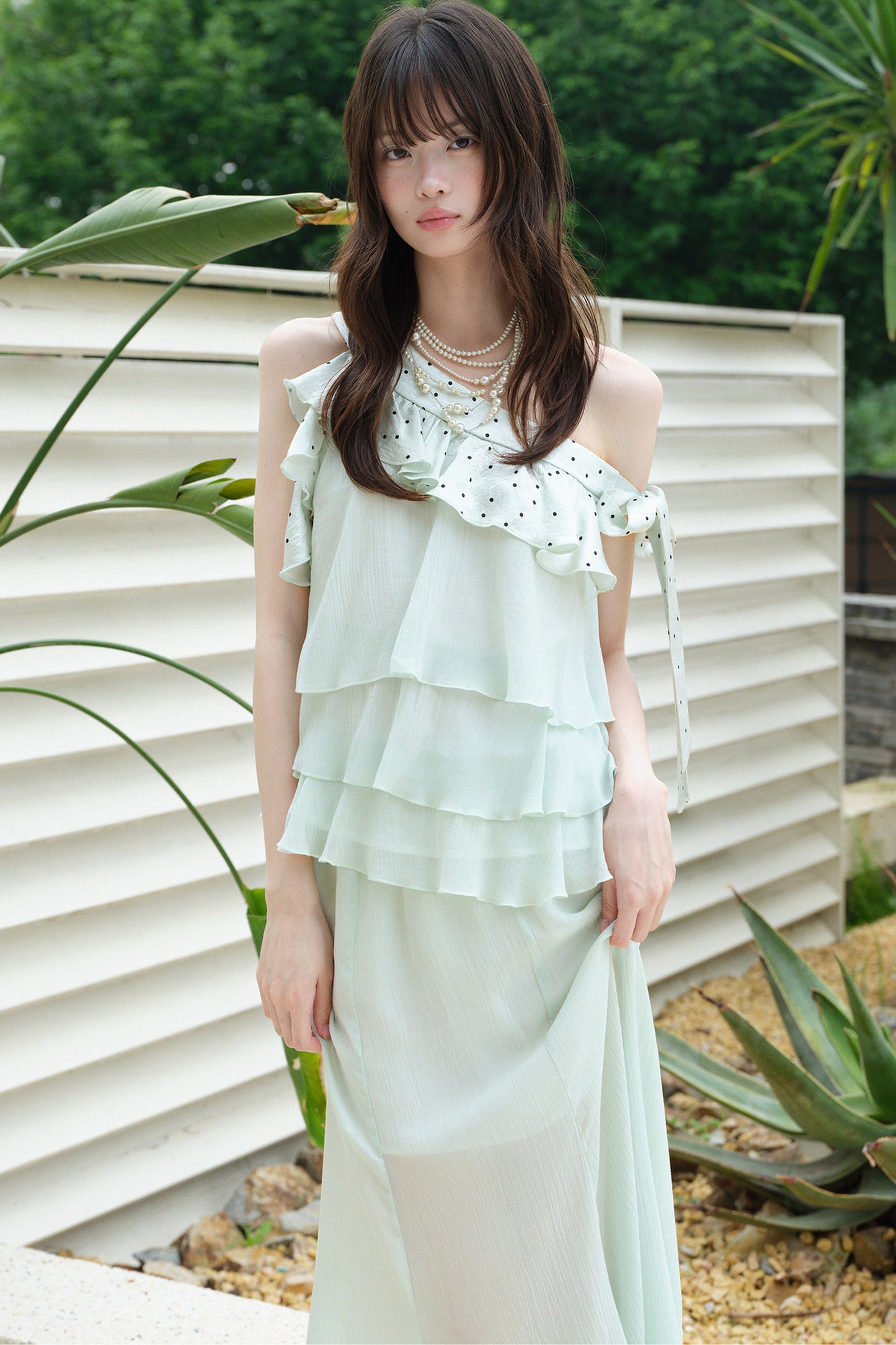 Green Acetate Tencel Polka Dot Top and Fishtail Skirt Set-Up