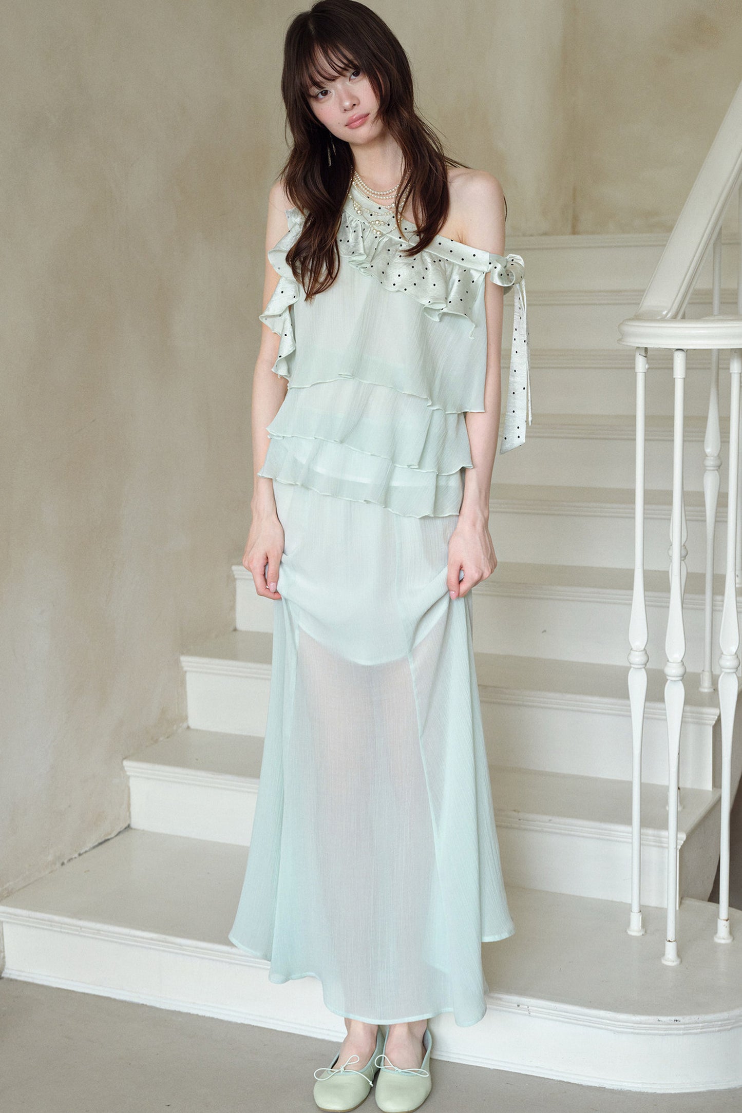 Green Acetate Tencel Polka Dot Top and Fishtail Skirt Set-Up