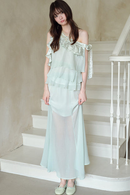 Green Acetate Tencel Polka Dot Top and Fishtail Skirt Set-Up