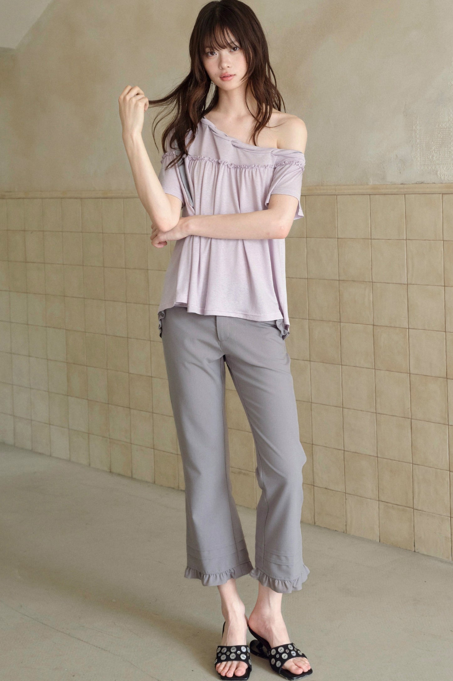 Ruffle Straight-Leg Flared Pants