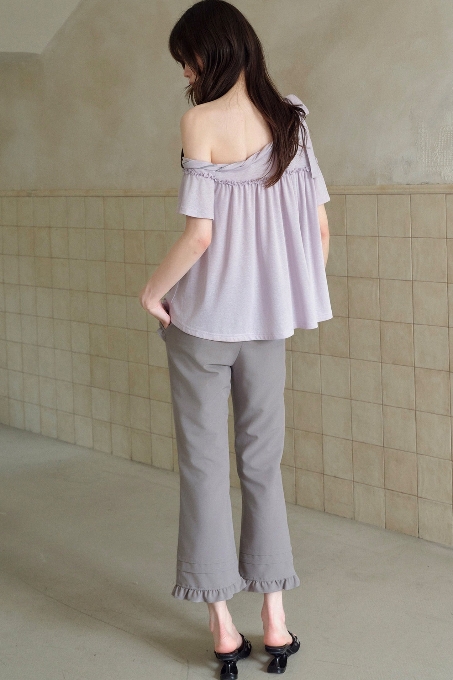 Ruffle Straight-Leg Flared Pants