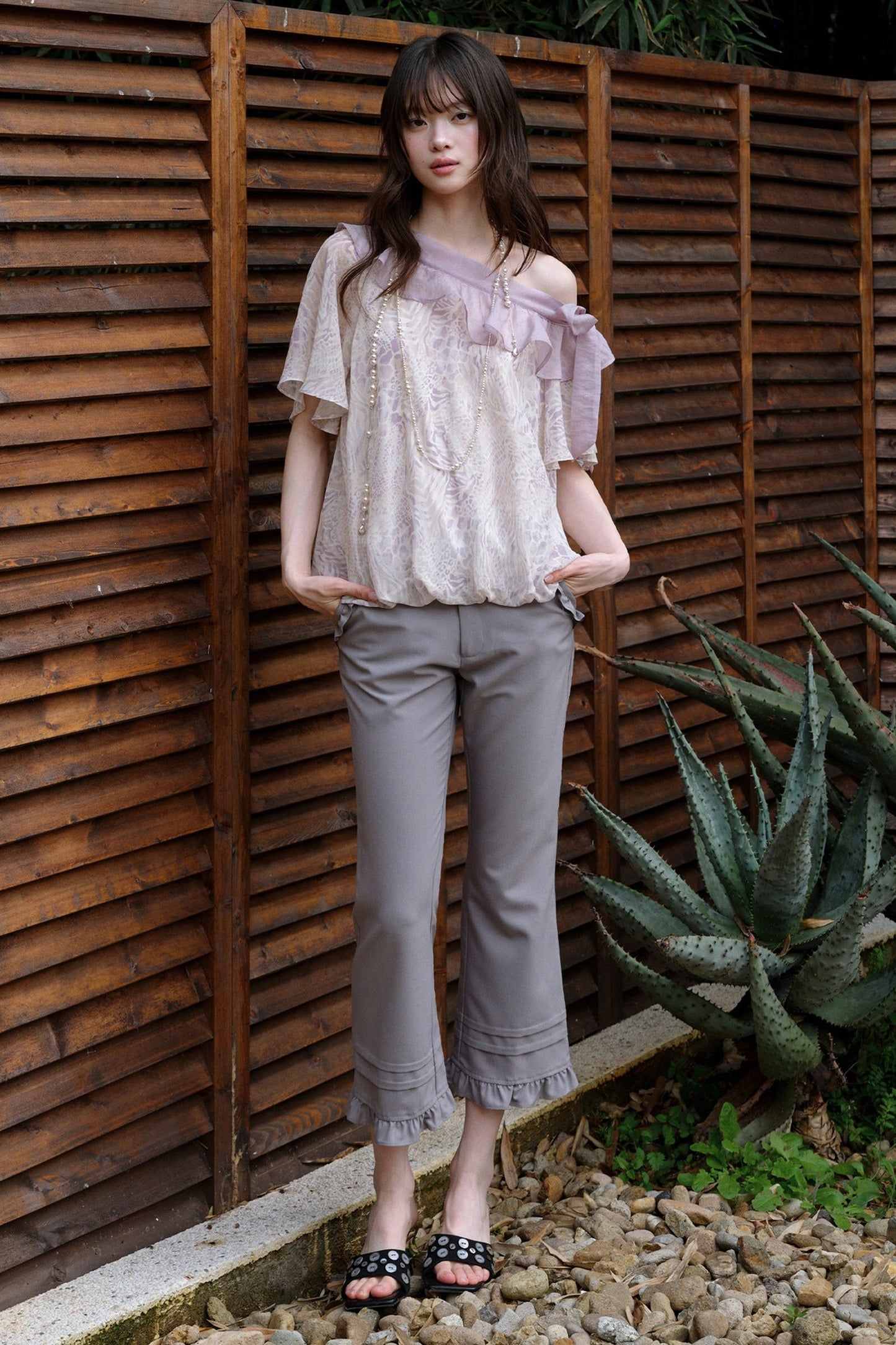 Ruffle Straight-Leg Flared Pants