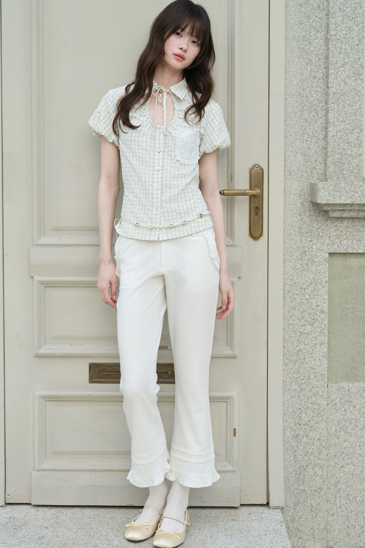 Ruffle Straight-Leg Flared Pants