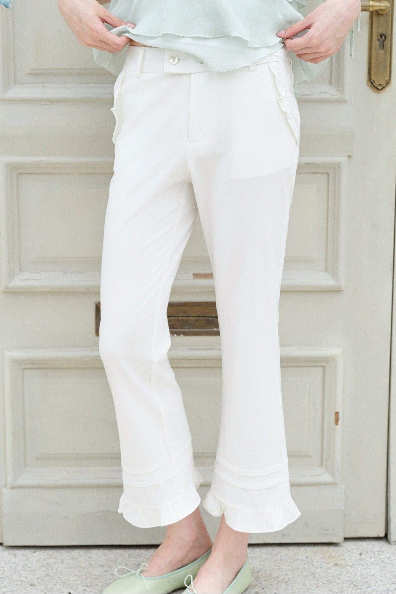 Ruffle Straight-Leg Flared Pants