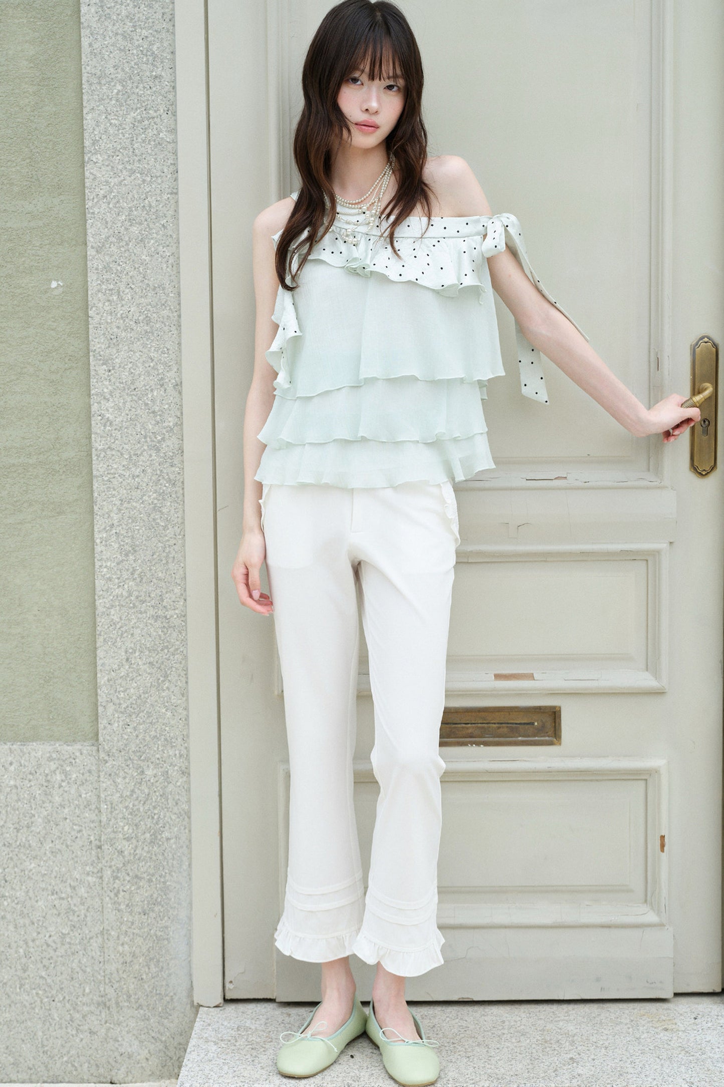 Ruffle Straight-Leg Flared Pants