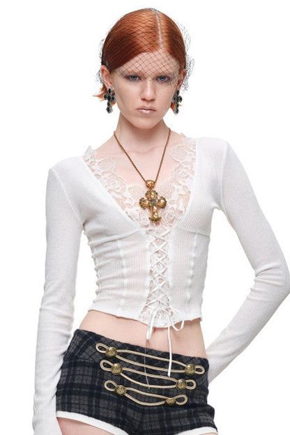 Lace Spliced Long Sleeve Layering Top