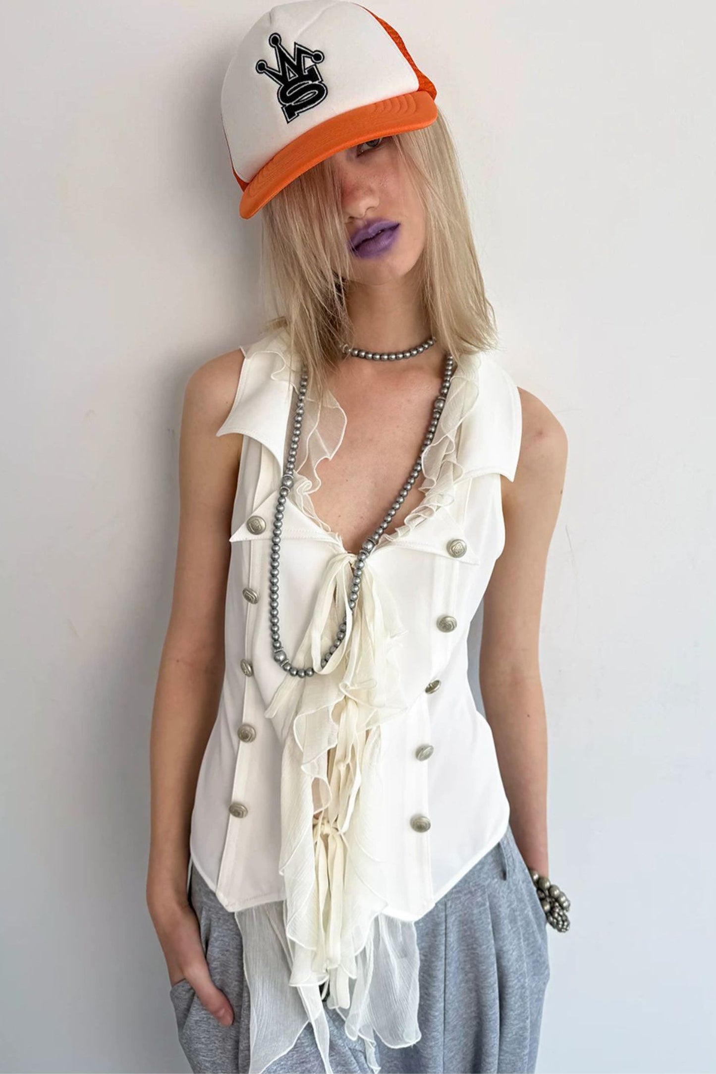 Vintage Patchwork Suit-Style Ruffle Sleeveless Vest