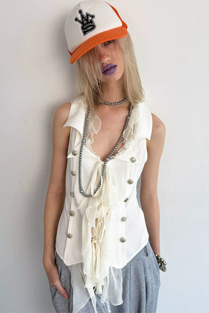 Vintage Patchwork Suit-Style Ruffle Sleeveless Vest