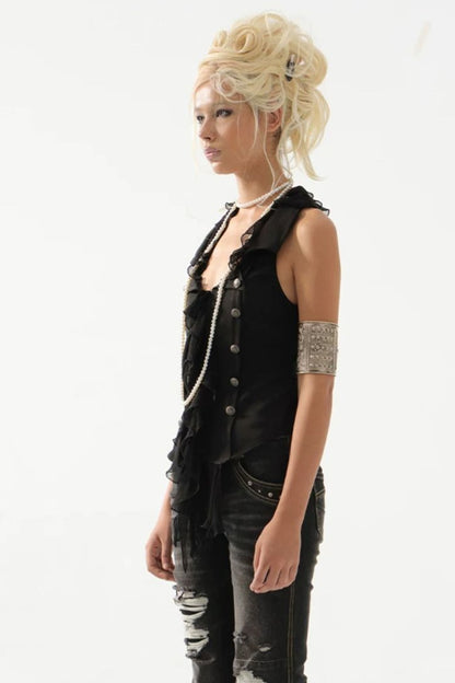 Vintage Patchwork Suit-Style Ruffle Sleeveless Vest
