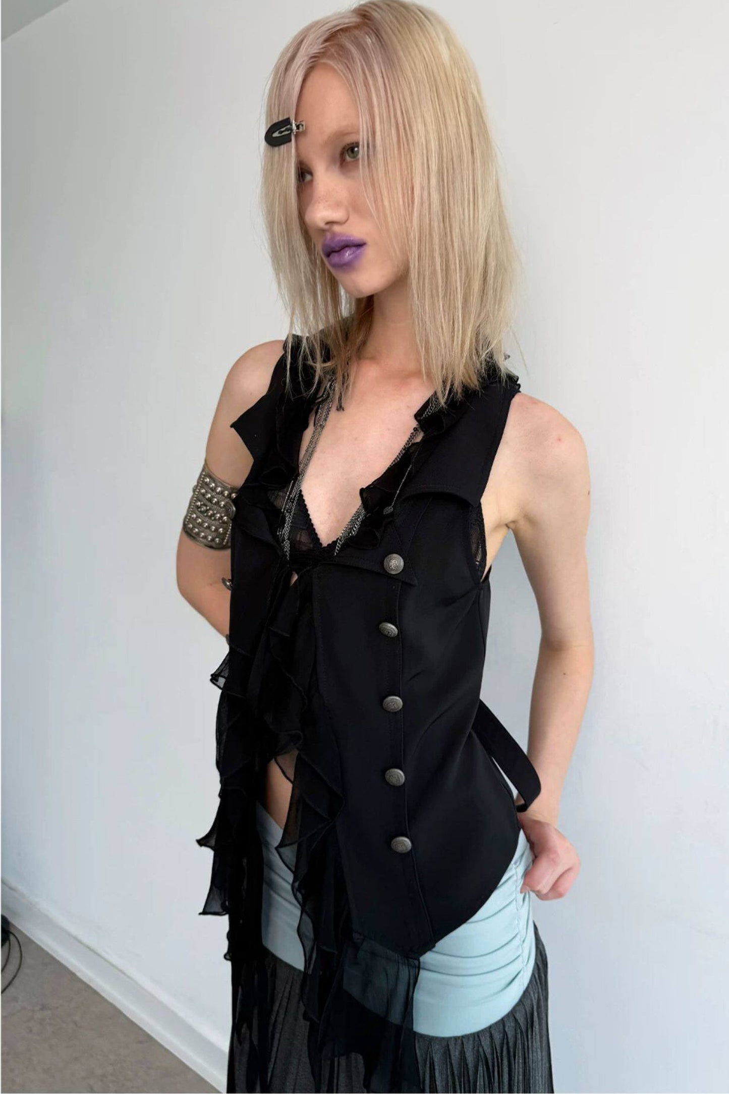 Vintage Patchwork Suit-Style Ruffle Sleeveless Vest