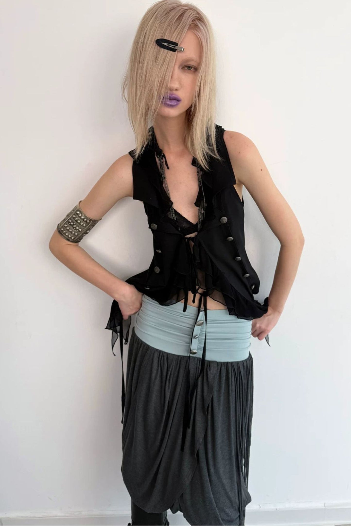 Vintage Patchwork Suit-Style Ruffle Sleeveless Vest