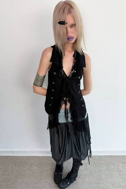 Vintage Patchwork Suit-Style Ruffle Sleeveless Vest