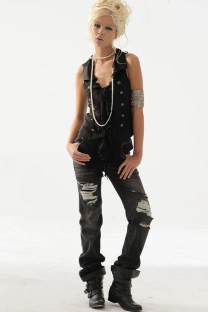Vintage Patchwork Suit-Style Ruffle Sleeveless Vest