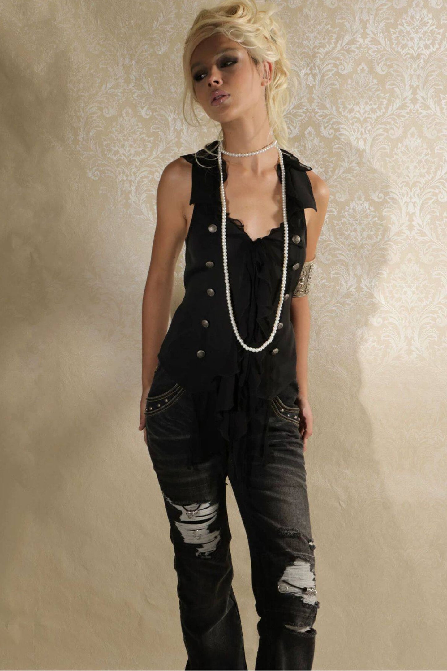 Vintage Patchwork Suit-Style Ruffle Sleeveless Vest
