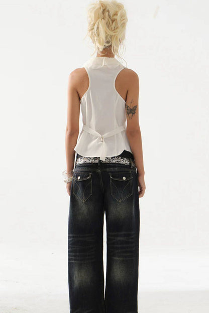 Vintage Patchwork Suit-Style Ruffle Sleeveless Vest
