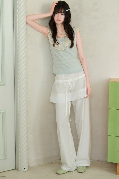 Green Sheer Overlay Ruffle Sleeveless Top