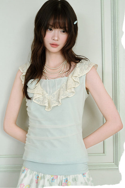 Green Sheer Overlay Ruffle Sleeveless Top