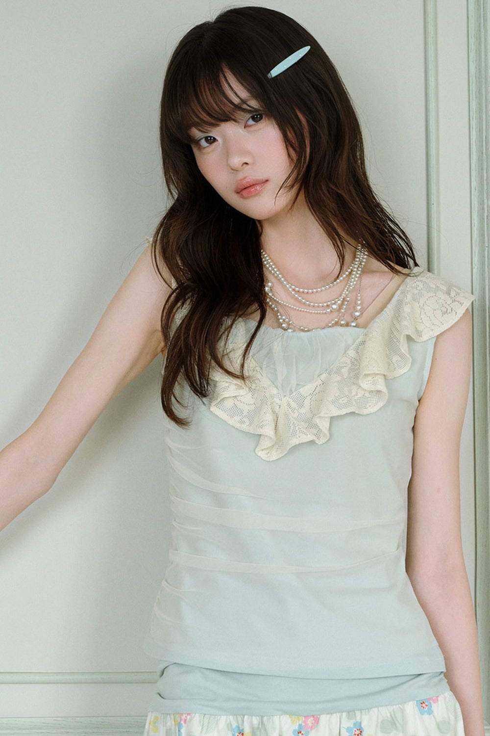 Green Sheer Overlay Ruffle Sleeveless Top