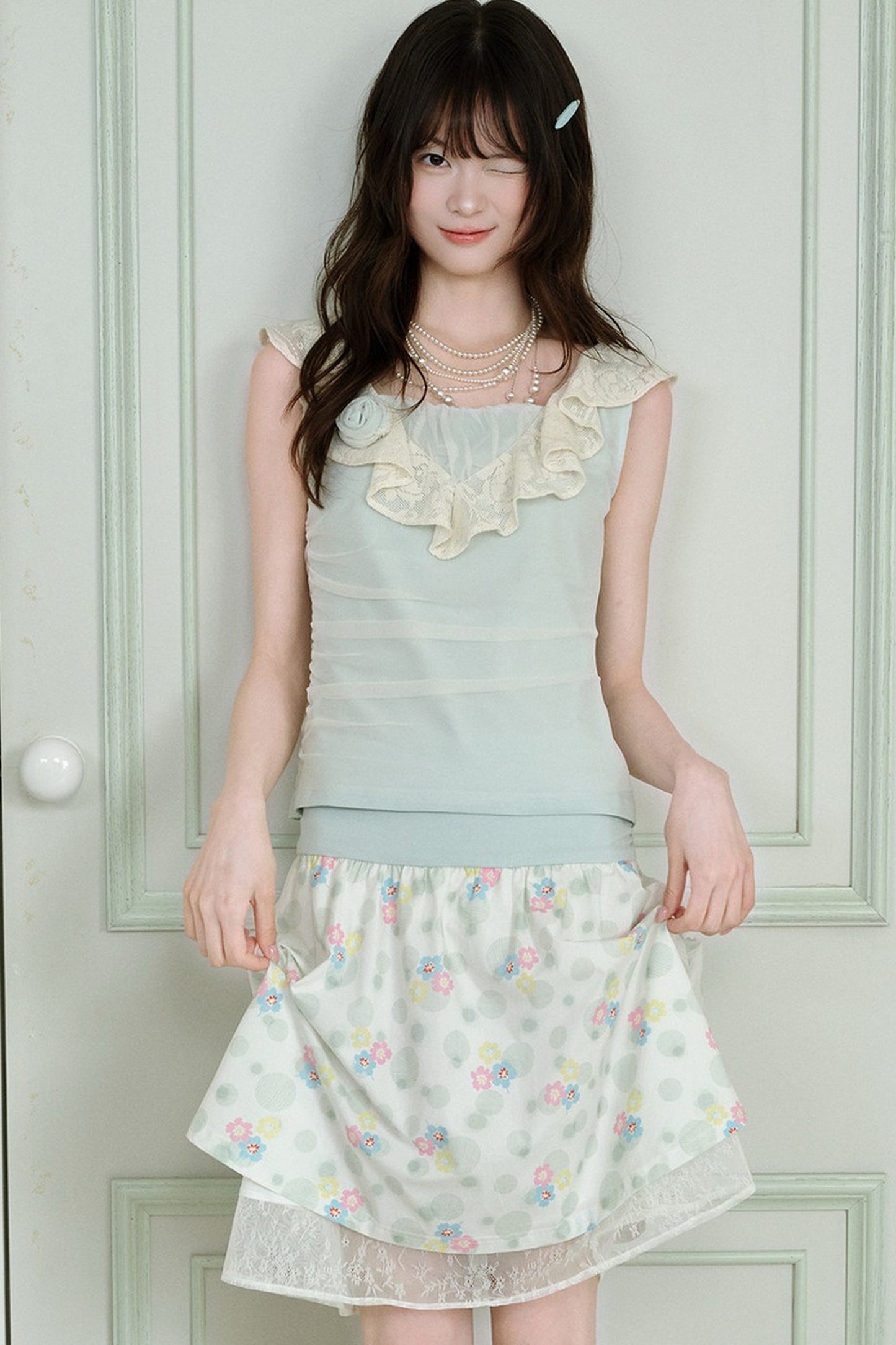 Green Sheer Overlay Ruffle Sleeveless Top