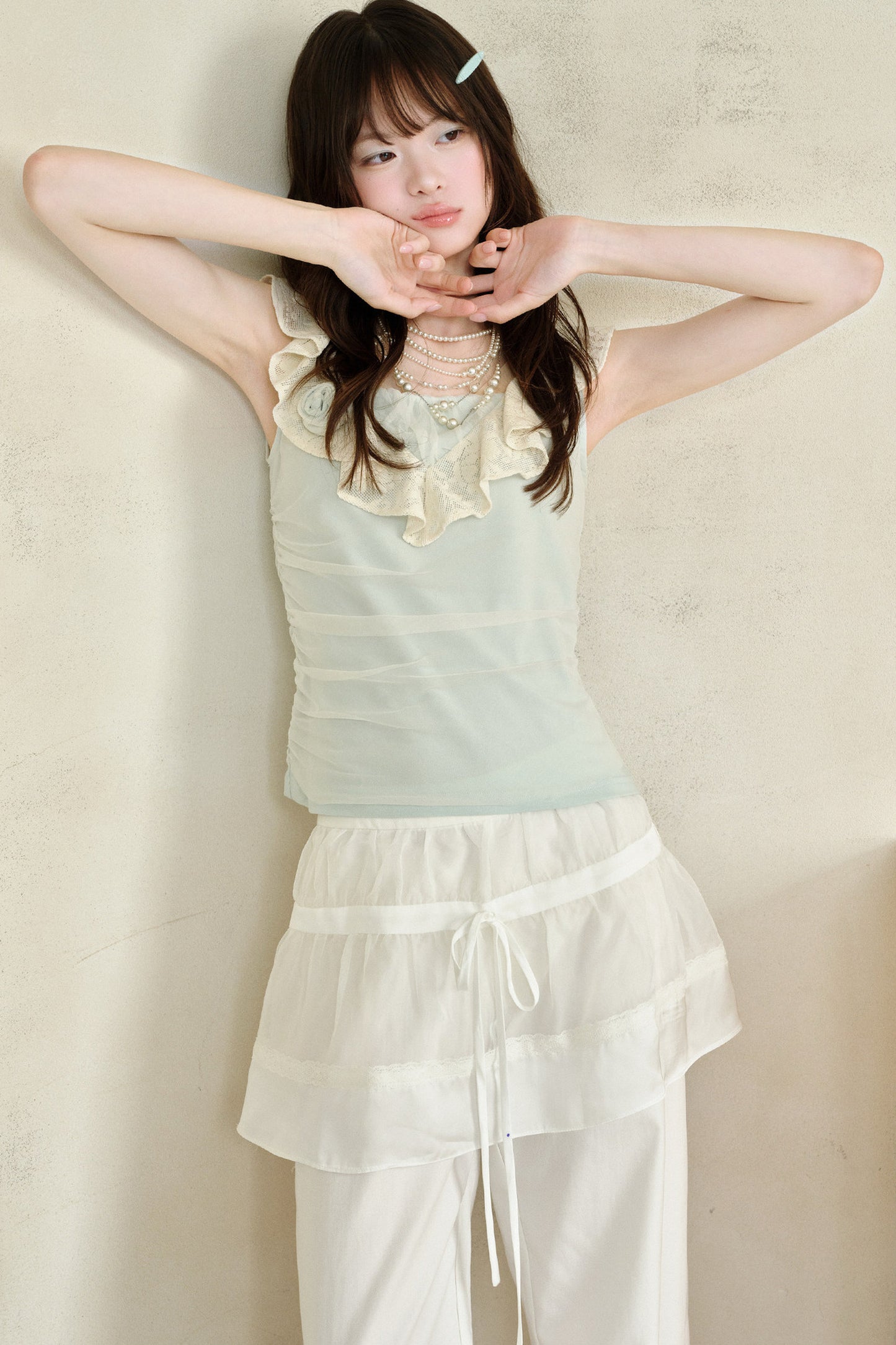 Green Sheer Overlay Ruffle Sleeveless Top