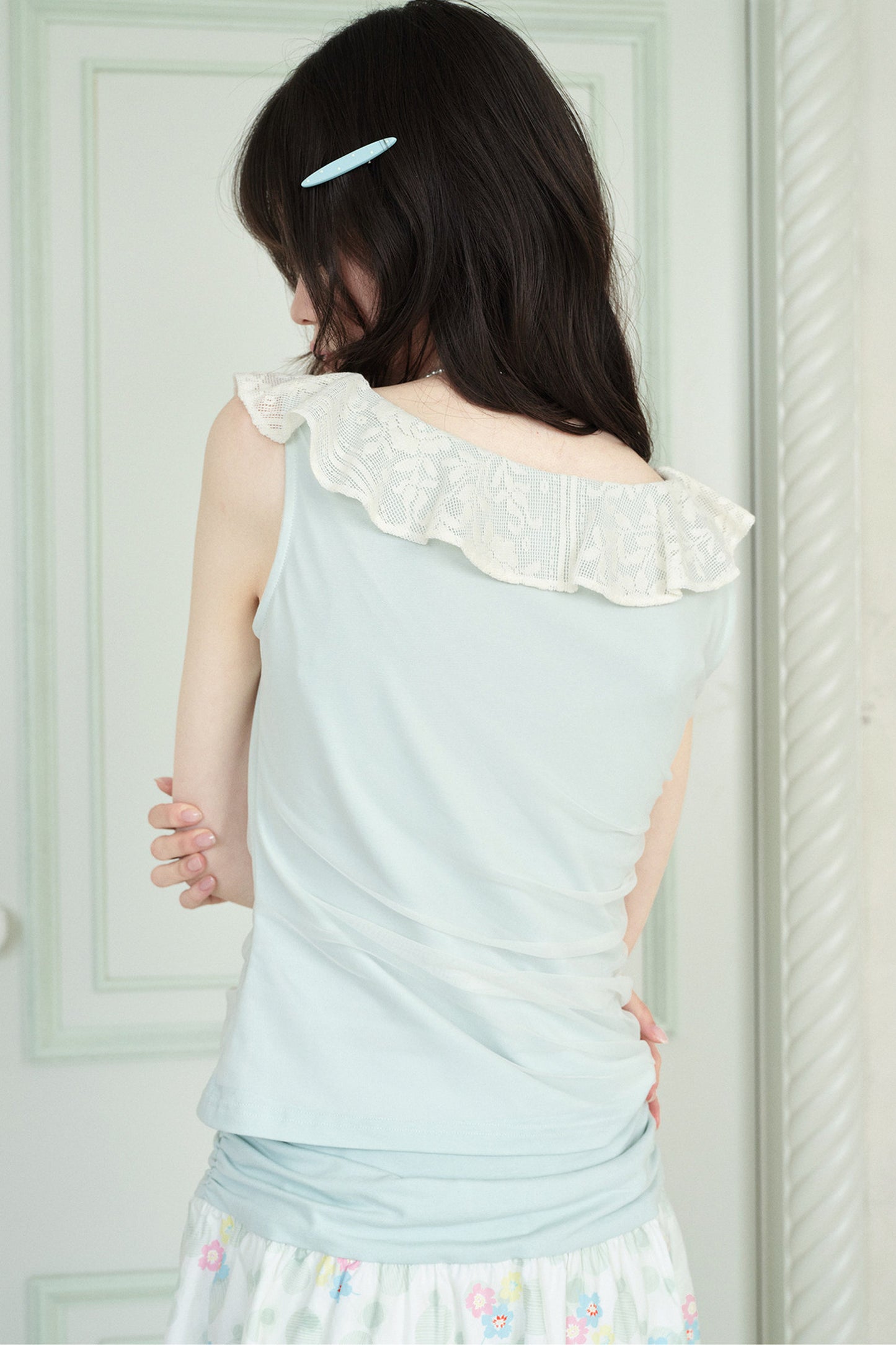 Green Sheer Overlay Ruffle Sleeveless Top