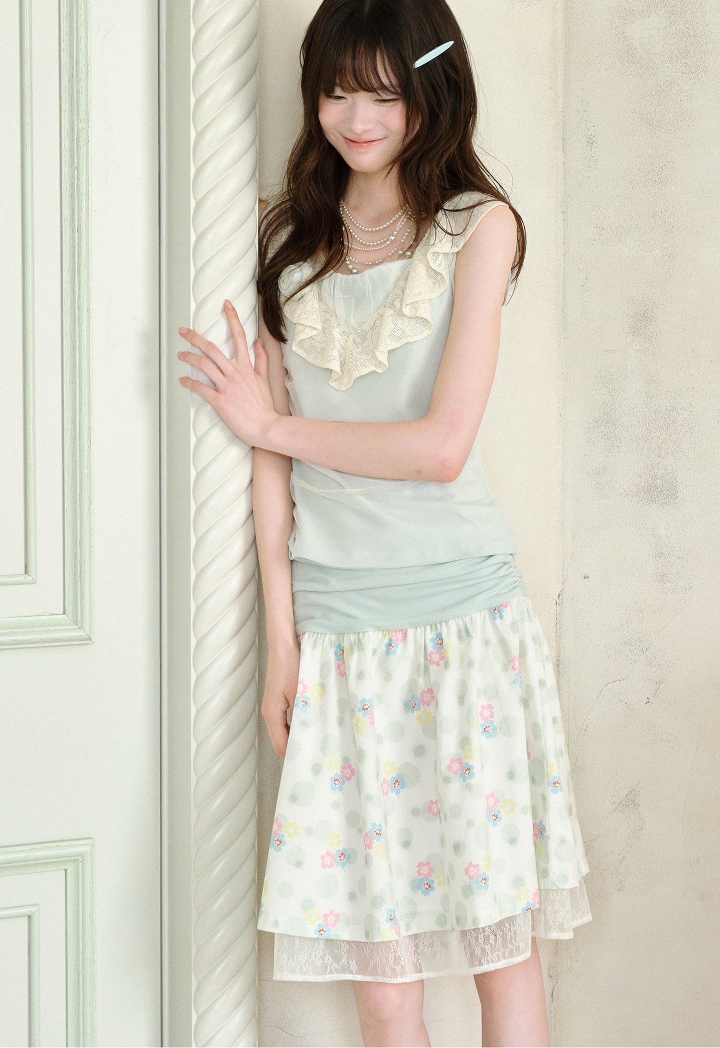 Green Sheer Overlay Ruffle Sleeveless Top