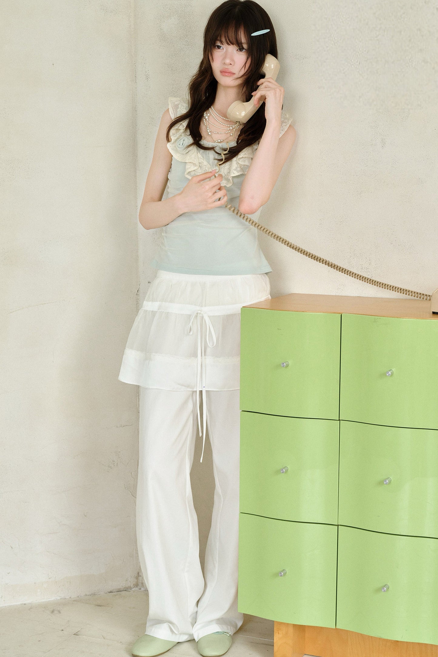 Green Sheer Overlay Ruffle Sleeveless Top
