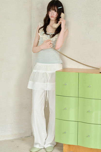 Green Sheer Overlay Ruffle Sleeveless Top