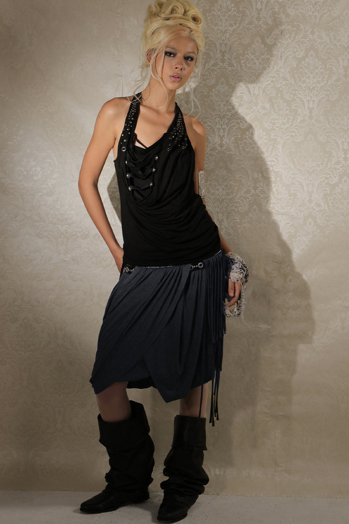 Pleated Rhinestone Halter Top