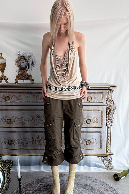 Pleated Rhinestone Halter Top