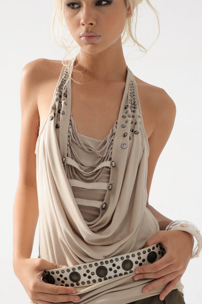 Pleated Rhinestone Halter Top