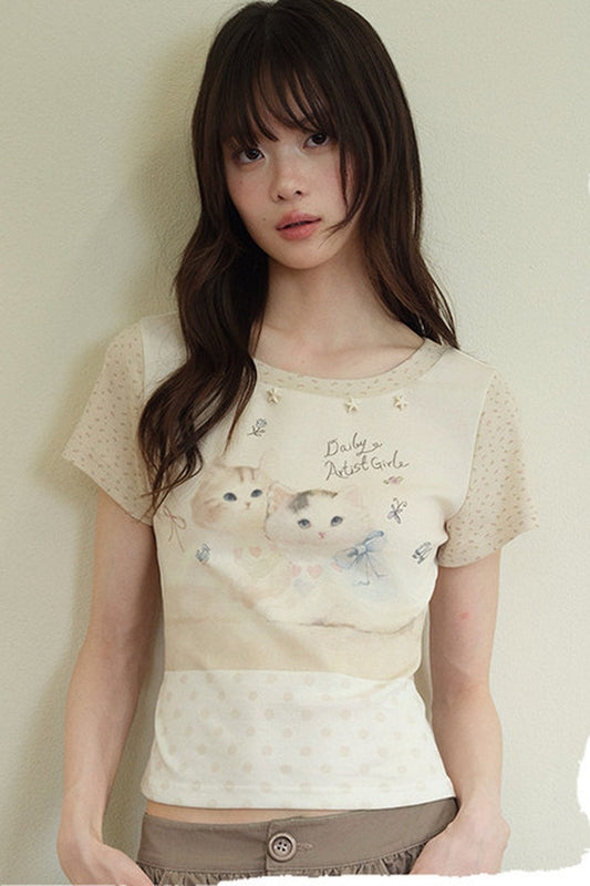 Hand-Painted Cotton Short-Sleeve Top