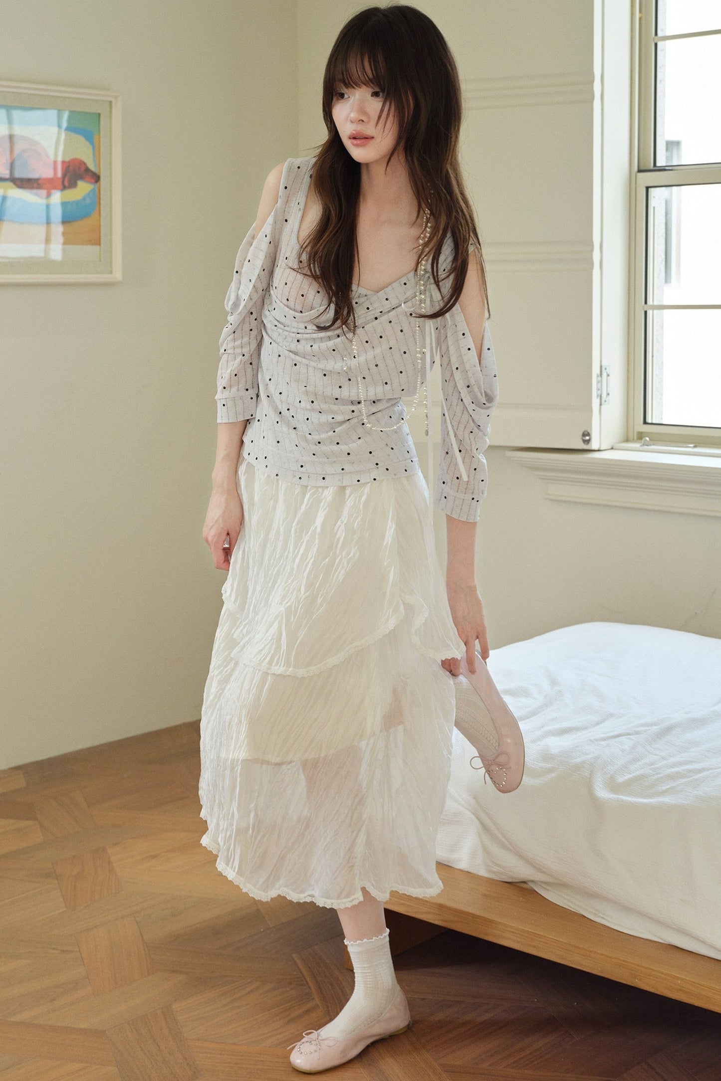 White Pleated Gauze Skirt