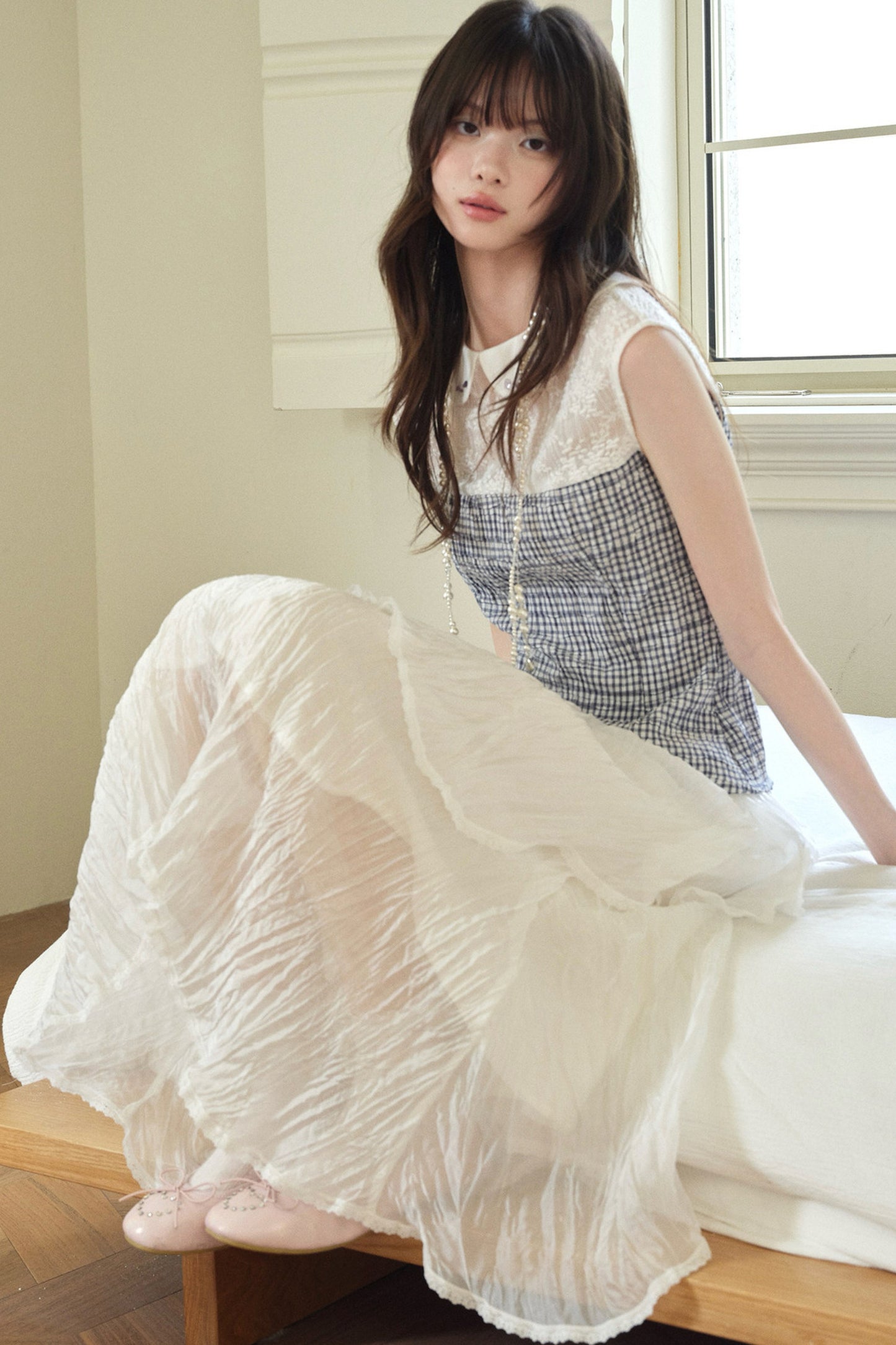 White Pleated Gauze Skirt