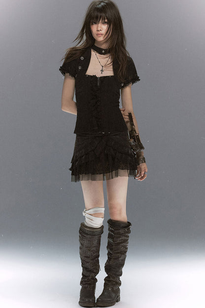 Romantic Lace Ruffled Vest set-Up