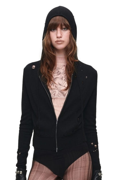 Distressed Hooded Knit Cardigan