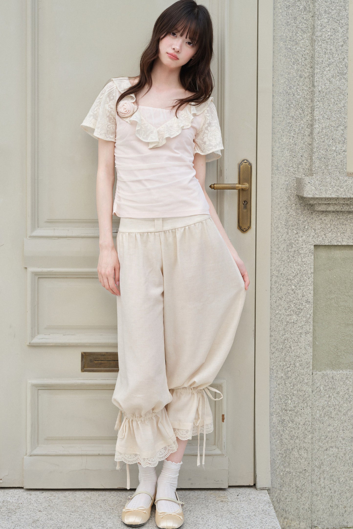 Pink Sheer V-Neck Ruffle Floral Blouse
