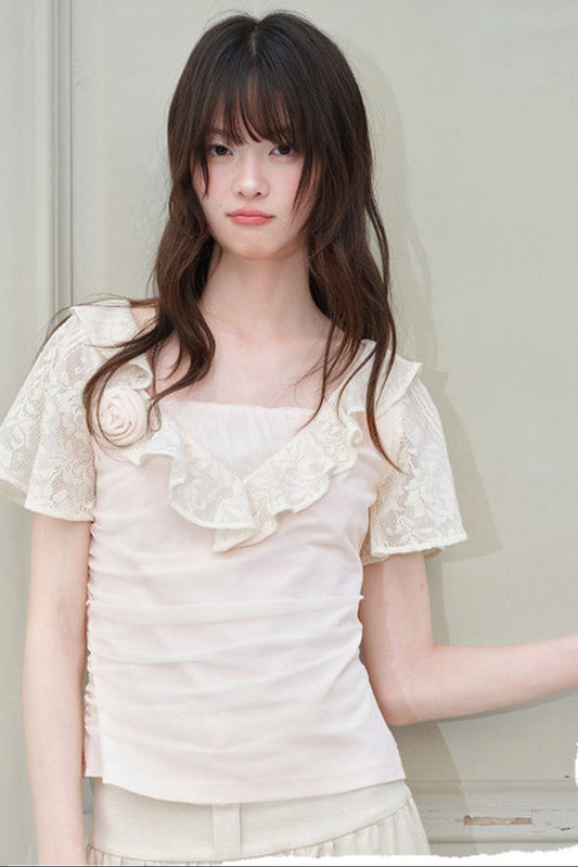 Pink Sheer V-Neck Ruffle Floral Blouse