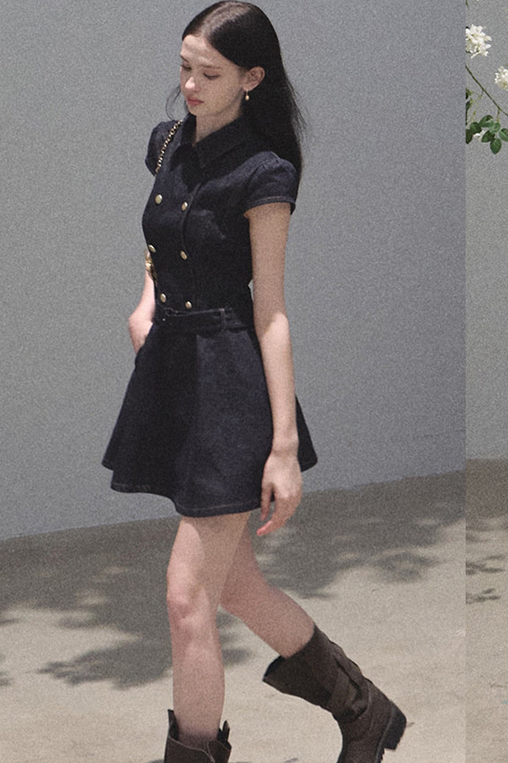 Retro Denim Waist-Cinching Dress Set-Up
