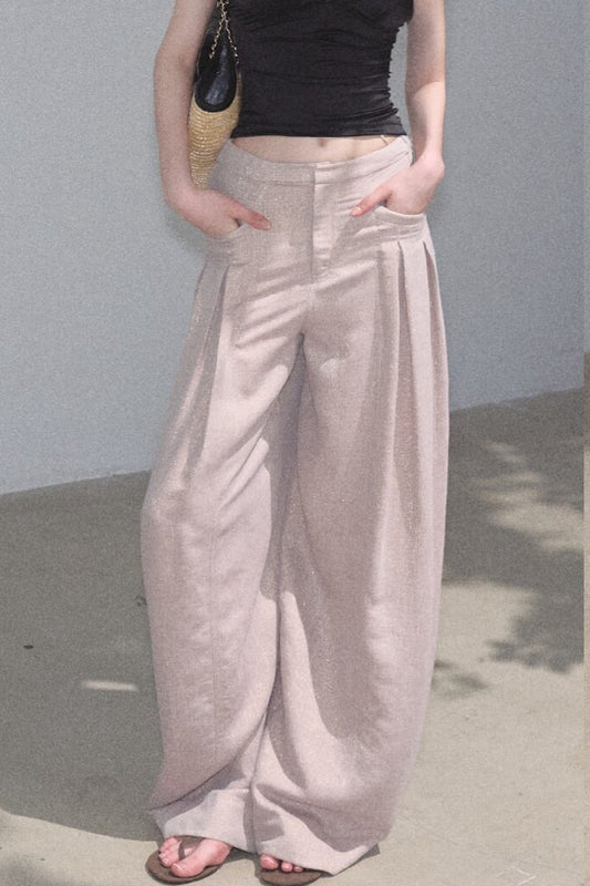 Pantalon large en soie dorée et lin