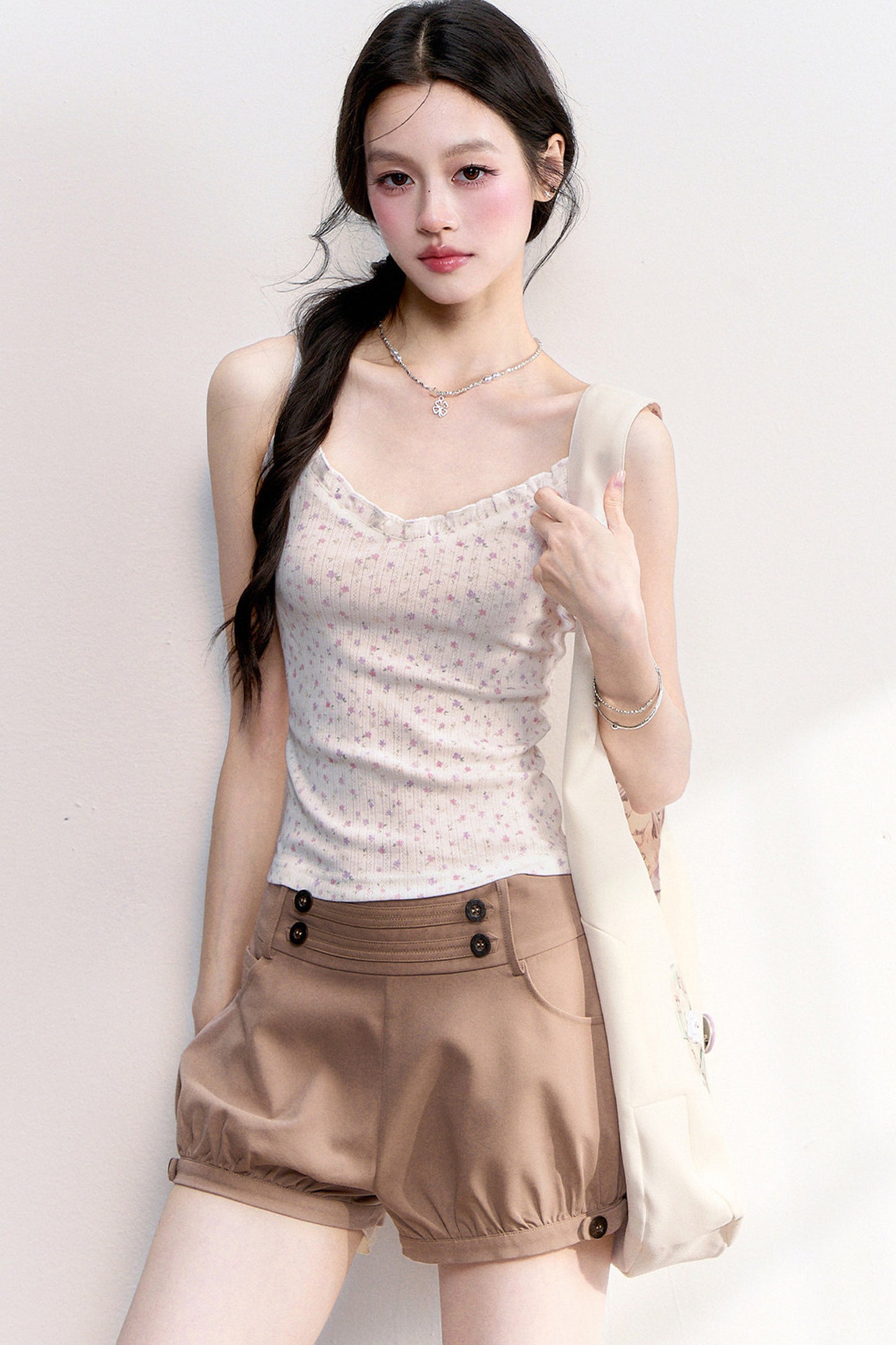 Pink Purple Floral Camisole Top Cardigan Set