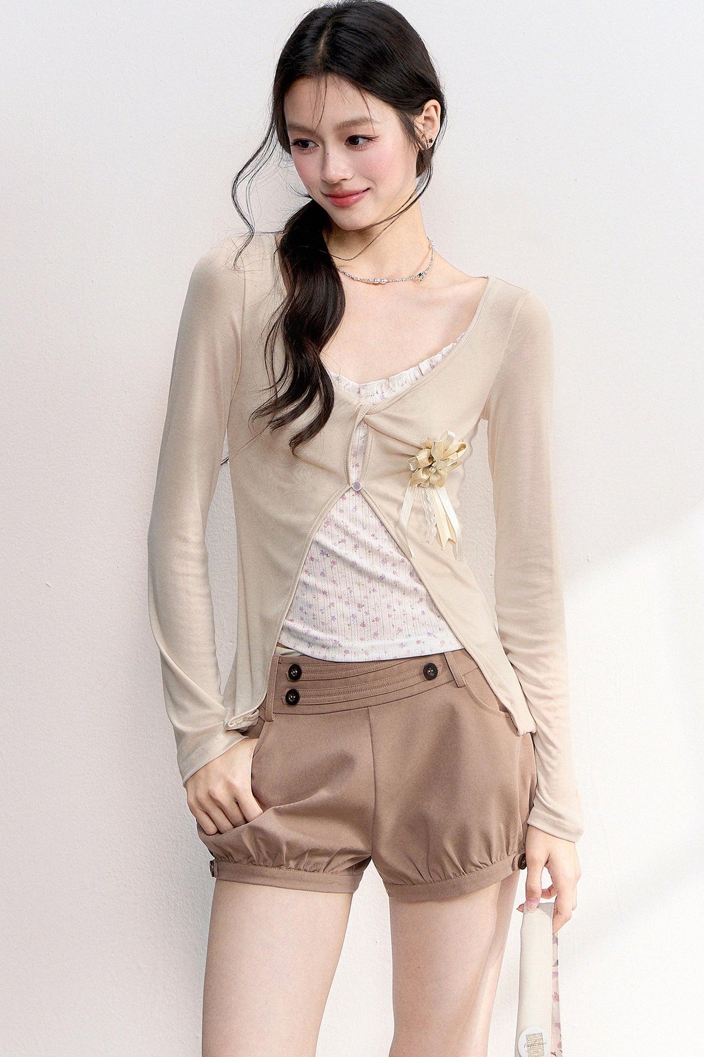 Pink Purple Floral Camisole Top Cardigan Set