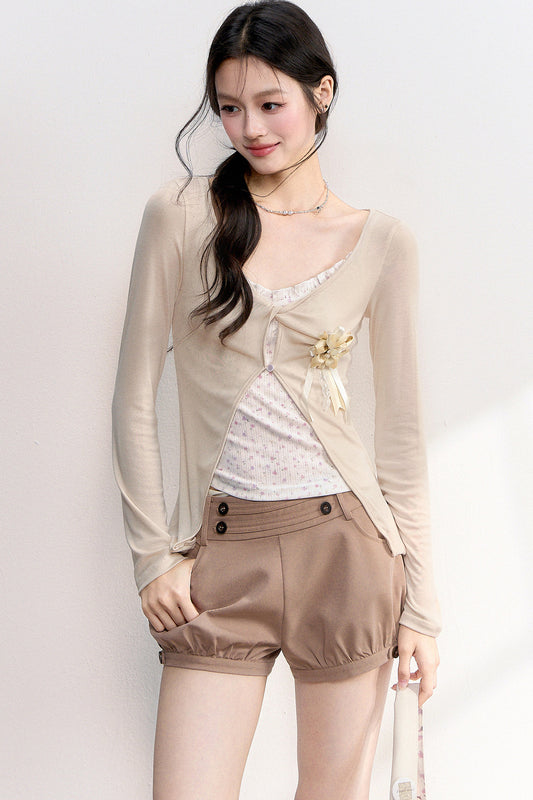 Rosa-lila geblümtes Camisole-Oberteil-und-Strickjacken-Set