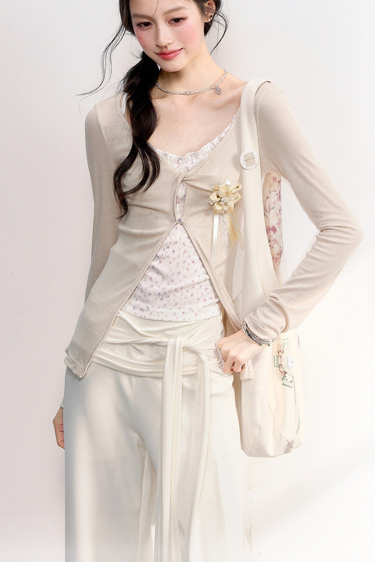 Pink Purple Floral Camisole Top Cardigan Set