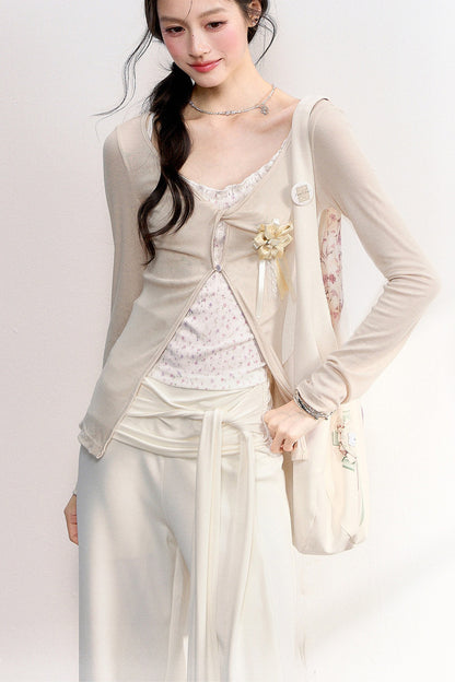 Pink Purple Floral Camisole Top Cardigan Set